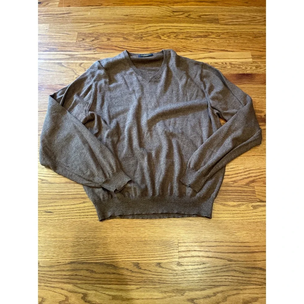 VTG Brooks Brothers Mens Sweater Large Brown Merino Wool Cotton V-Neck USA Made